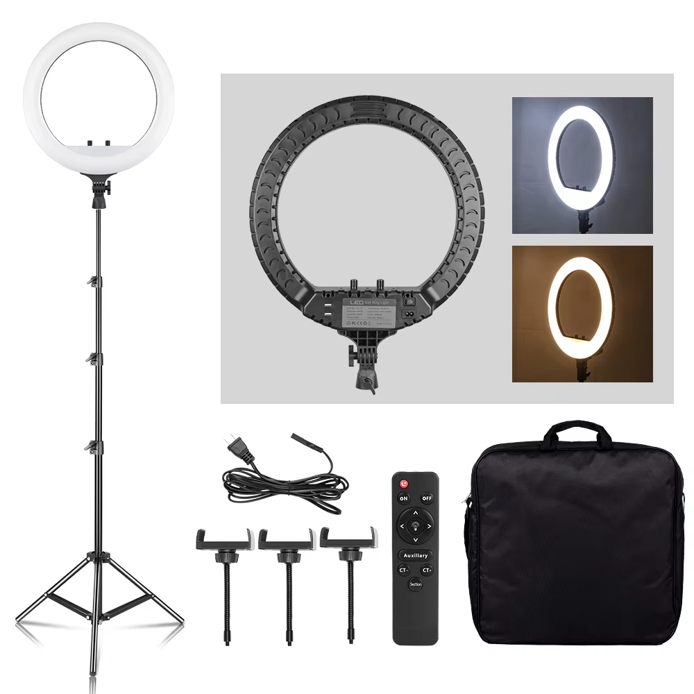 Photography Lighting Youtube - SH 18インチノブリングライトLEDセルフィービデオランプ、三脚スタンド、スマホクリップ付き、YouTubeライブ照明、写真撮影スタジオ用