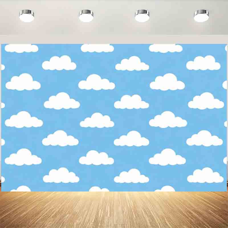 Photography Lighting Background - 漫画風のシンプルな青空と白い雲の写真背景、新生児や子供の誕生日ポートレート用のライトブルーの雲背景