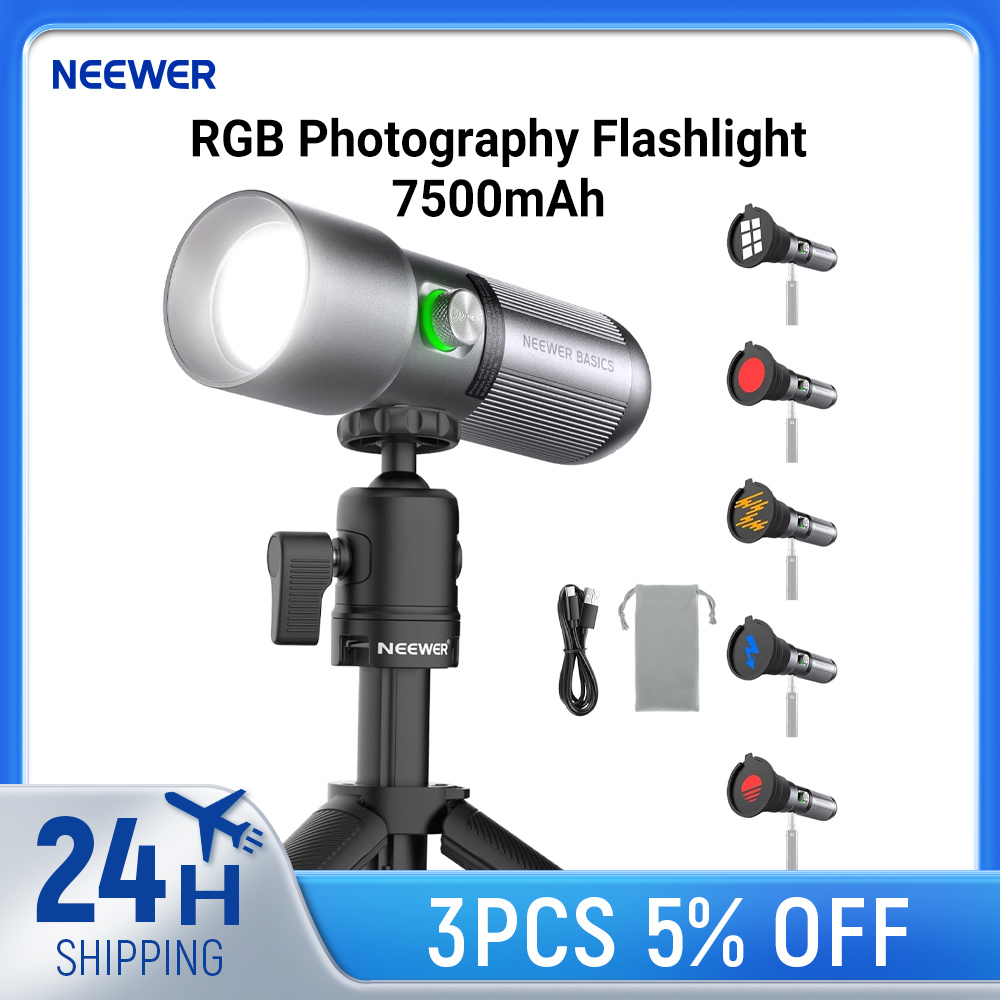 Photography Lighting Basics - NEEWER BASICS RGB 撮影用フラッシュライト デスク三脚スタンド付き/4色/20ゴボフィルター/7500mAh、10W 6300K