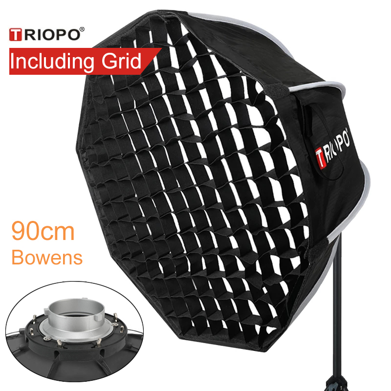 Photography Lighting Background - Triopo 90cm写真撮影用ポータブルボーエンズマウントソフトボックス（ハニカムグリッド付き）K90八角形アンブレラ屋外ソフトボックス（Godox、Jinbeiストロボ用）