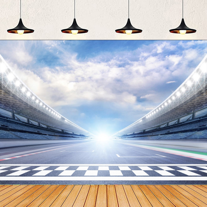 Photography Lighting Background - レーシングカーの写真撮影用背景幕、フィニッシュライン、レーシングトラック、スポットライト、観客、背景、チャンピオン、レーシングクラブ、誕生日パーティー