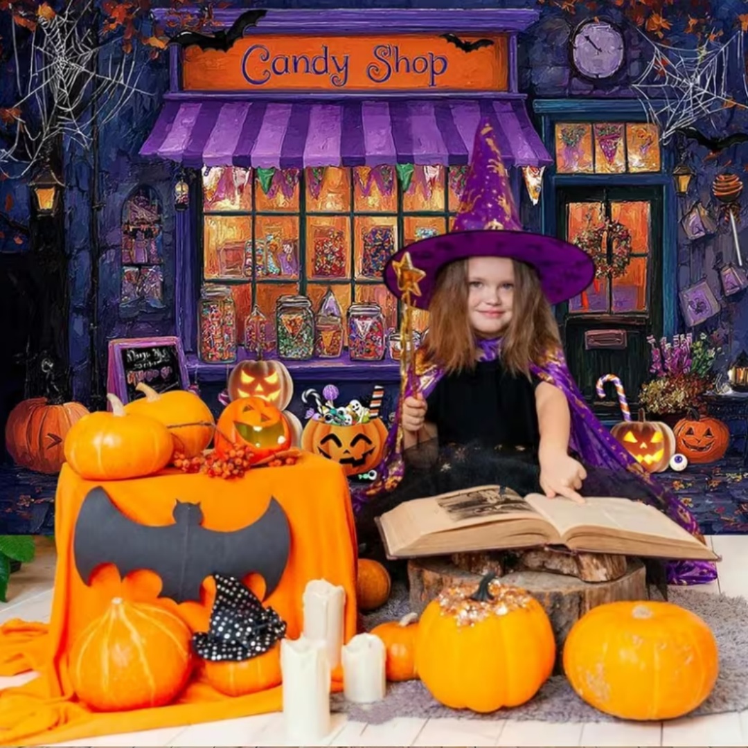 パープルハロウィンショップテーマパーティーデコレーション背景 - Photography Lighting Background のレビューと価格