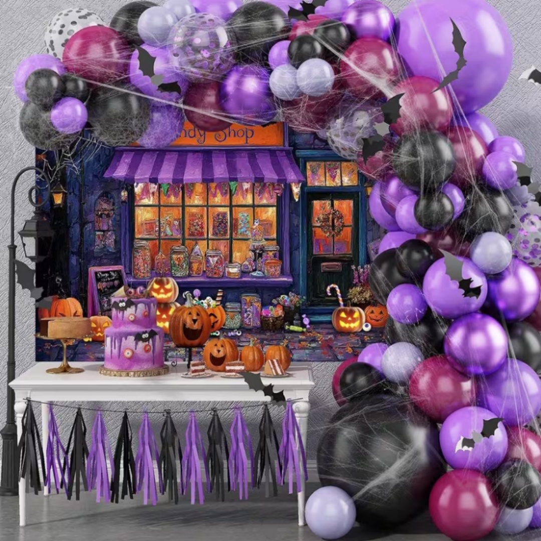 パープルハロウィンショップテーマパーティーデコレーション背景 - Photography Lighting Background のレビューと価格